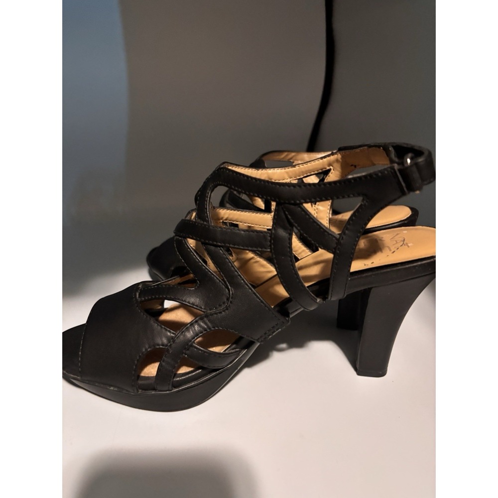 Naturalizer Black Heels Womens 9 Dakota Shoes Pumps Straps Peep Toe Open Leather